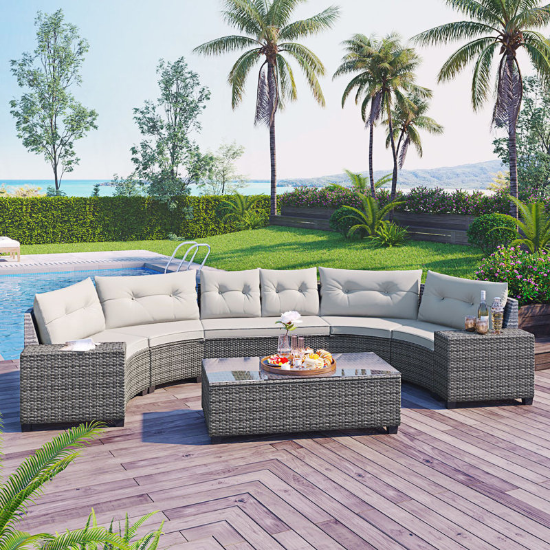 8-Pieces Outdoor Wicker Round Sofa Set, Half-Moon Sectional Setsr, Curved Sofa Set With Rectangular Coffee Table, Beige