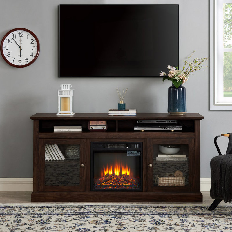 Meuble télé contemporain avec meuble télé avec foyer encastrable 18 po pour téléviseur de 65 po ou moins et espace de rangement ouvert et fermé