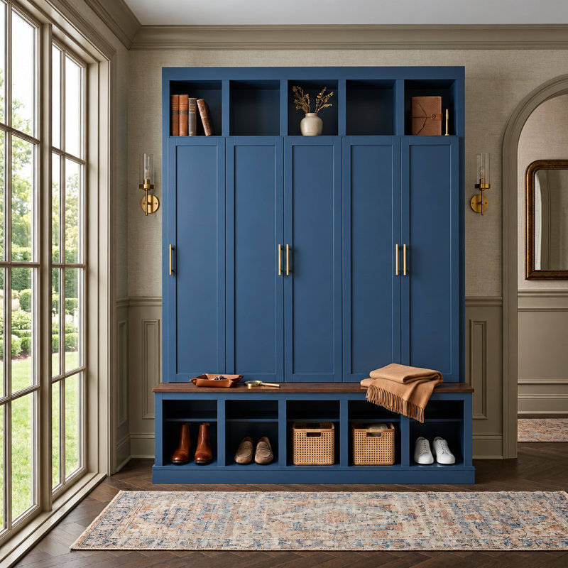 Grand arbre d'entrée de style campagnard avec armoire cachée et rangement pour chaussures à double couche, Marine