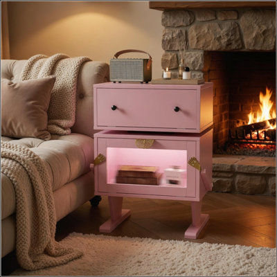 Adorable table de chevet à DEL rose avec tiroir rotatif à 360 ° et rangement spacieux, parfaite pour les espaces modernes et ludiques