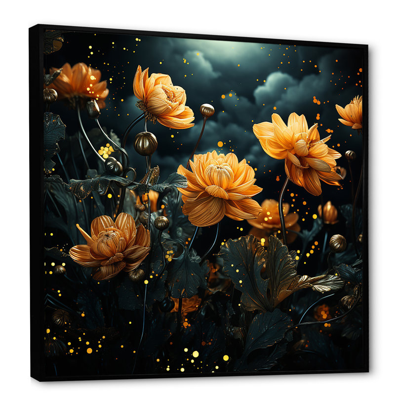Nuit étoilée fleur de souci 2 - art mural souci, Cadre flottant noir, H 30 po x l 30 po x P 1,5 po