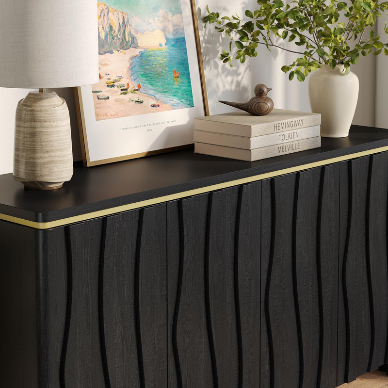 Accent Sideboard Buffet Wooden Credenza Storage Cabinet With 4 Doors, Black