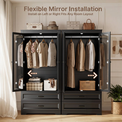 Armoire-penderie 2 portes avec 2 tiroirs, miroir pleine longueur flexible, dispositif de sécurité anti-basculement