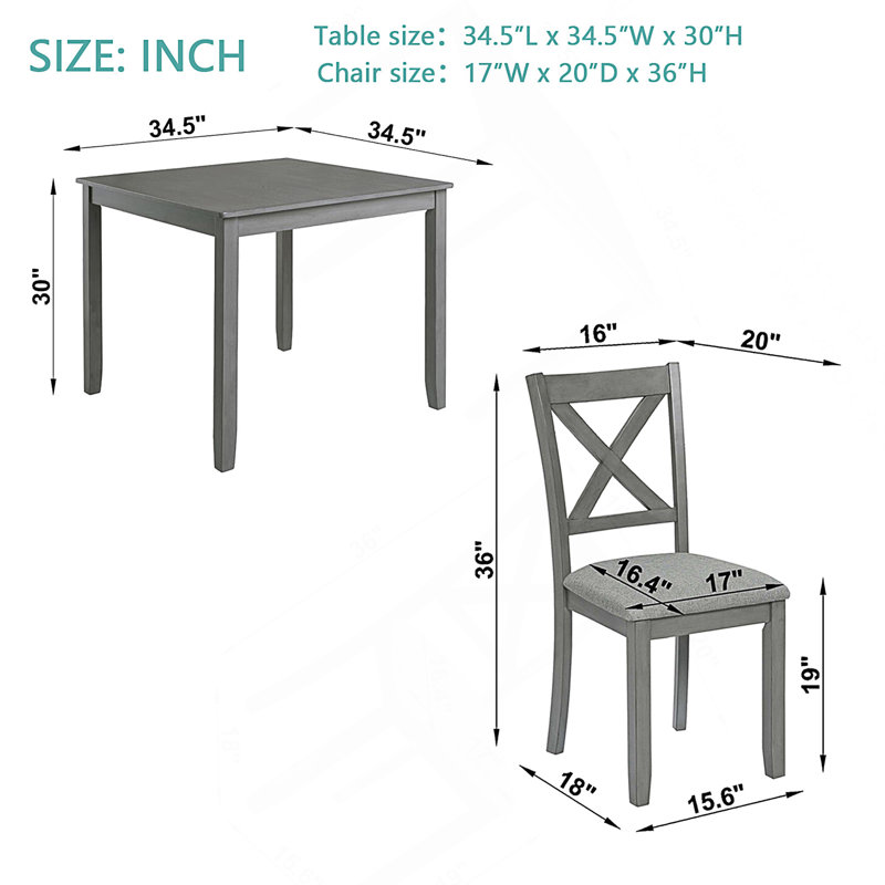 Ensemble de salle à manger moderne 5 pièces avec table carrée en bois et 4 chaises rembourrées pour espaces compacts, Gris