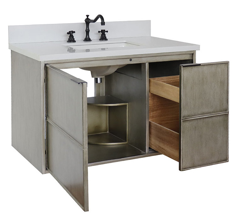 Ensemble de meuble-lavabo mural simple 37 po, Quartz blanc