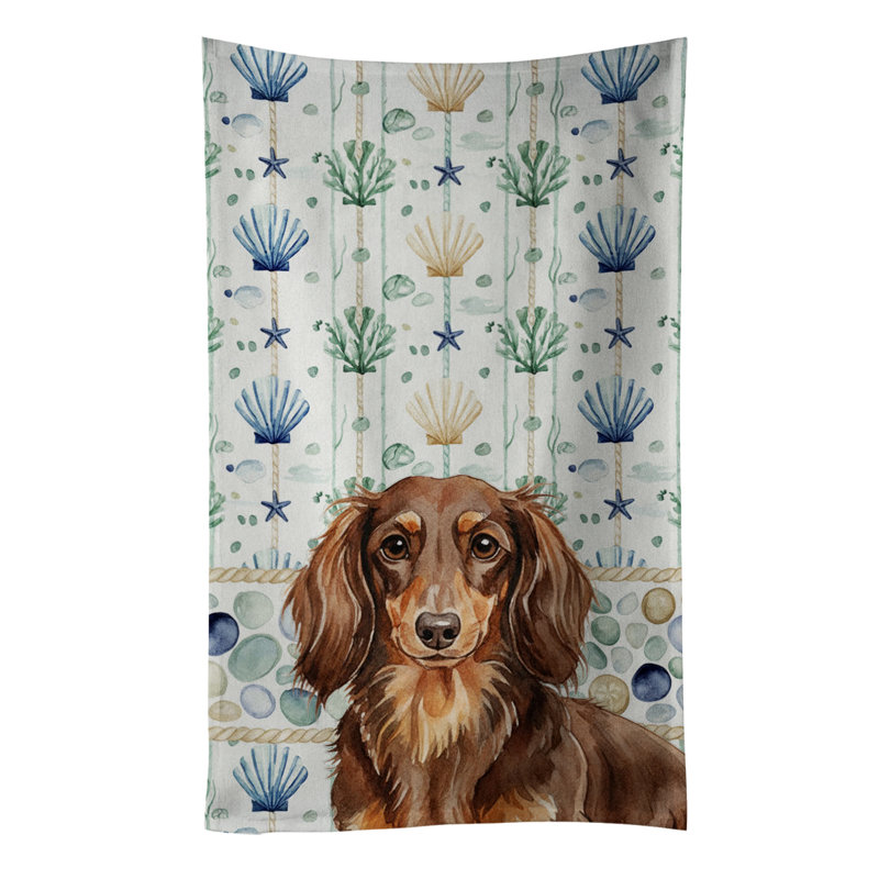 Longhaired Chocolate and Tan Dachshund Coastal Sea Glass Kitchen Towel, Longhaired Chocolate and Tan Dachshund