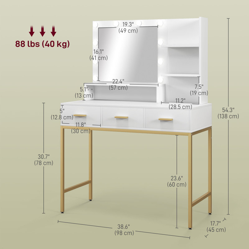 Vanity Table, Makeup Table with LED Mirror and Storage, White