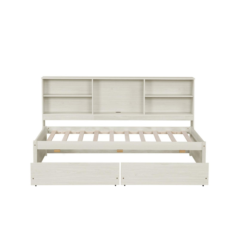 Structure de lit de jour simple blanc crème avec buffet, tiroirs et station de charge intégrée, rangement latéral, moyeu