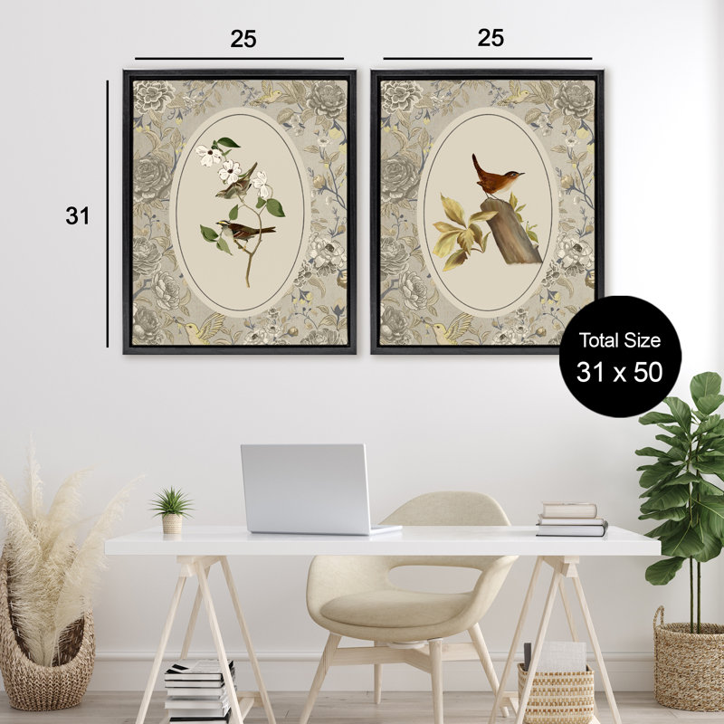 Ensemble de cadres flottants 2 pièces Vintage Birds & Toile, design par Radhika Modi, Cadre flottant noir de jais