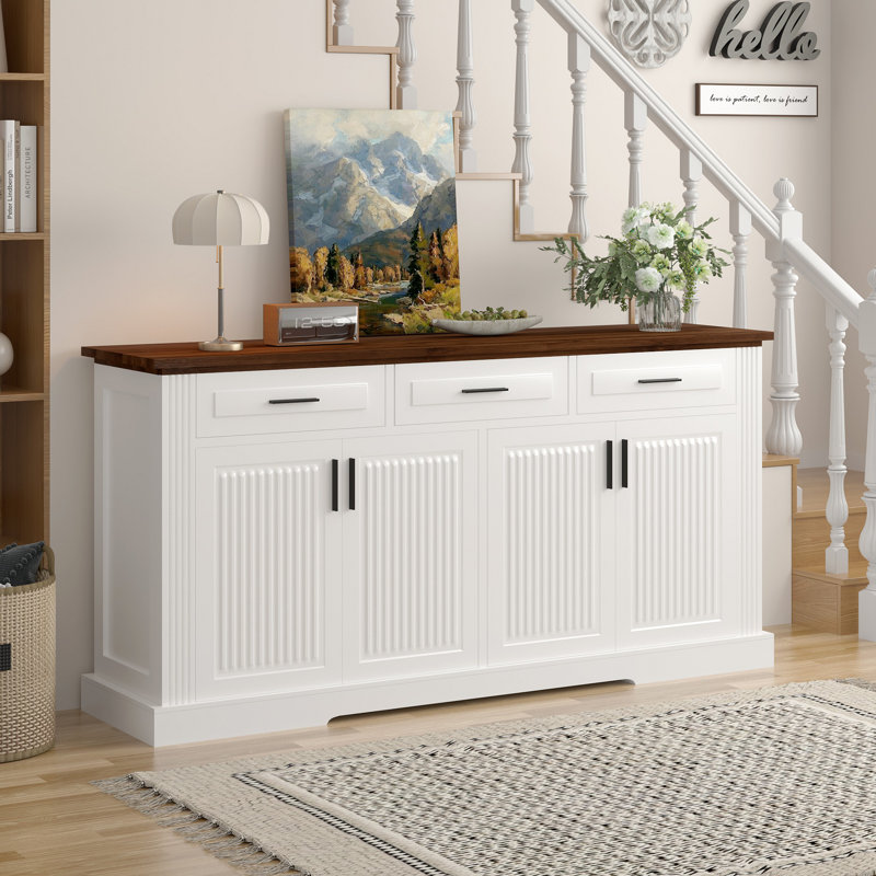 Table d'appoint cannelée 63 po, blanc, 4 portes, 3 grands tiroirs, commode de cuisine, tablettes réglables, poignées en métal, unité de rangement à bout rabattable, rangement spacieux, fonction coulissante en douceur