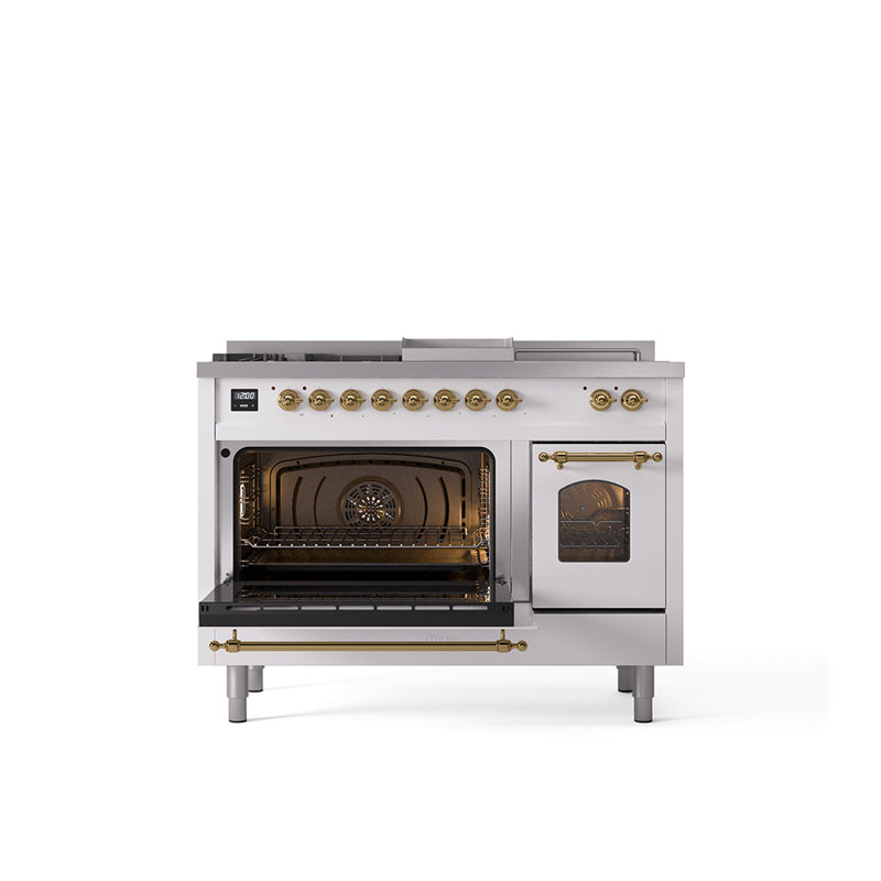 ILVE Nostalgie II Series 48 inch Dual Fuel Range with 5 Sealed Burners, Griddle, Frenchtop (Glass Door), White/Brass