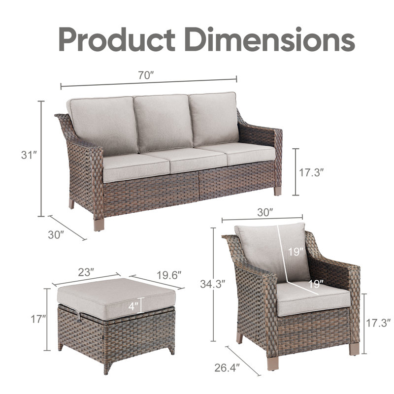 Tya Wicker Sofa Seating Group with Ottomans, Beige