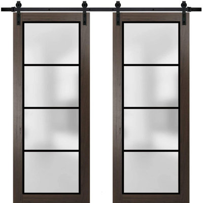 Sturdy Double Barn Door With Frosted Glass | Planum 2132 | 13FT Silver Rail Hangers Heavy Set | Modern Solid Panel Interior Doors -Silver Rail