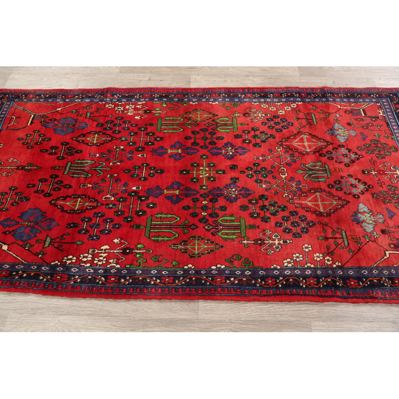 Tapis de couloir en tapis décoratif laine rouge 3 pi 7 po x 7 pi 2 po one-of-a-kind noué à la main