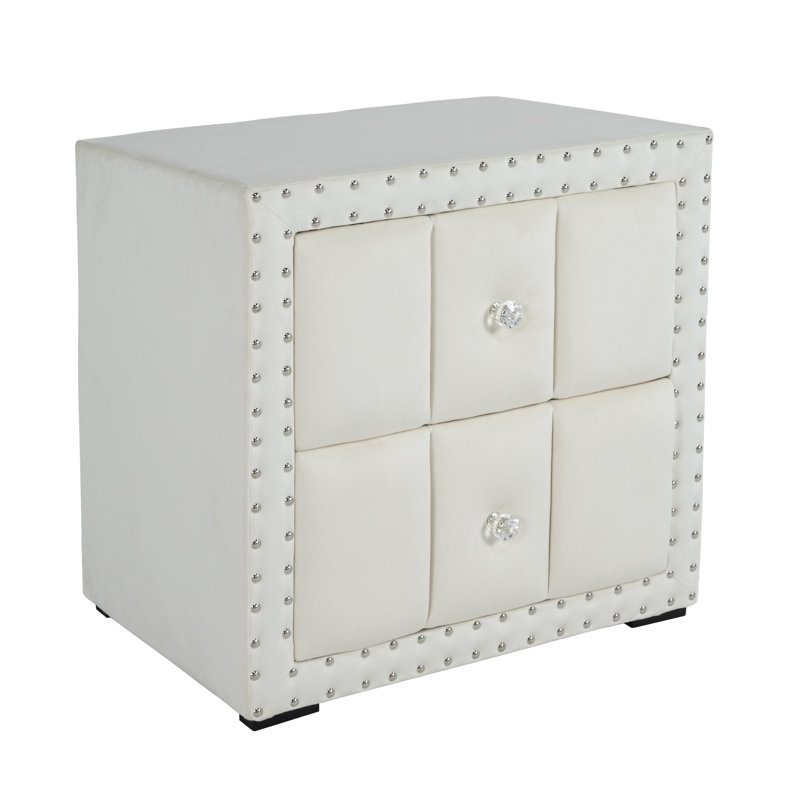 2-Drawer Upholstered Nightstand With Nailhead Trim For Bedroom, No Assembly Required, Beige, Individual