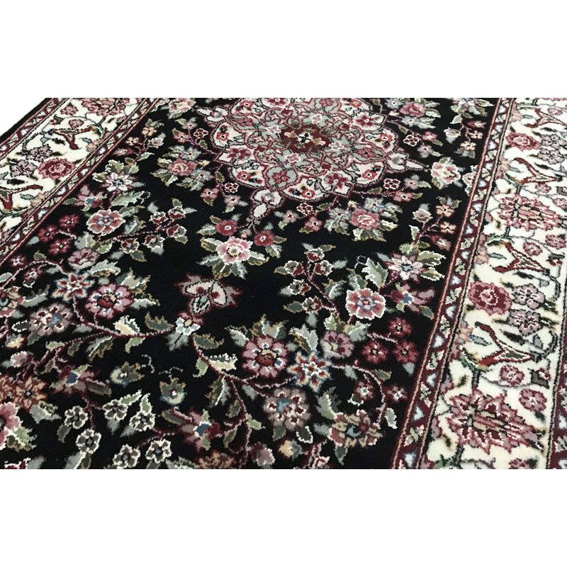 Chemin de table noir et ivoire noué à la main de haute qualité, Tapis de couloir 2 pi 6 po x 14 pi