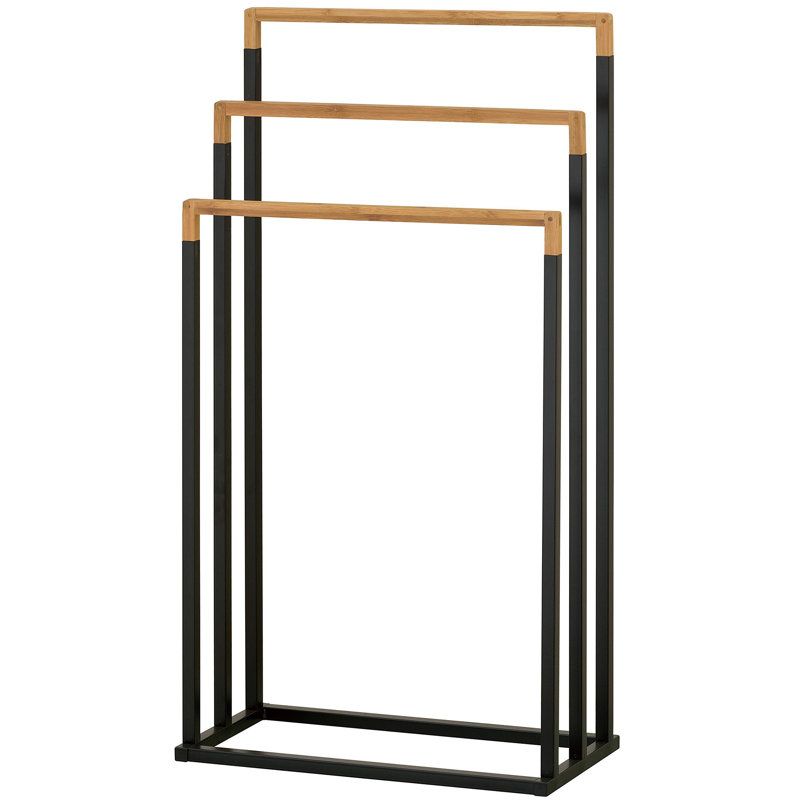 Black Metal and Bamboo 3-Tier Freestanding Towel Rack