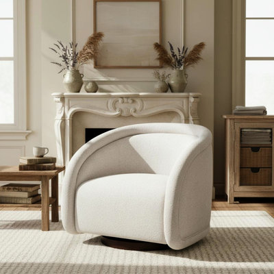 Walnut Solid Wood Base Beige Boucl Swivel Chair - Core, Comfortable Upholstery, Effortless Swivel, Contoured Seating, Simple Maintenance, Fast Assembl