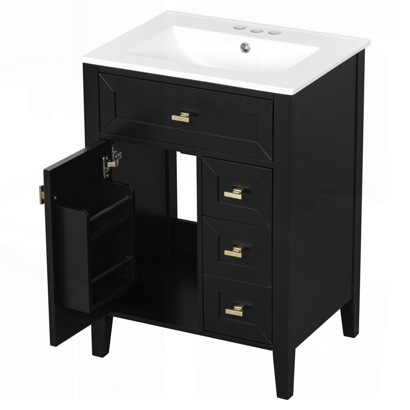 Meuble-lavabo de 24 po avec lavabo, panneau de fibres à densité moyenne et bois d'hévéa, 3 tiroirs et armoire, fermeture en douceur, conception moderne pour les petites et moyennes salles de bain