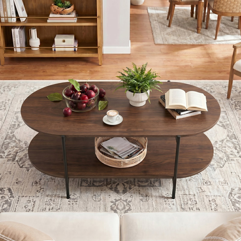Table basse ovale à deux niveaux avec plateau de rangement industriel et plateau en bois industriel, Bois brun