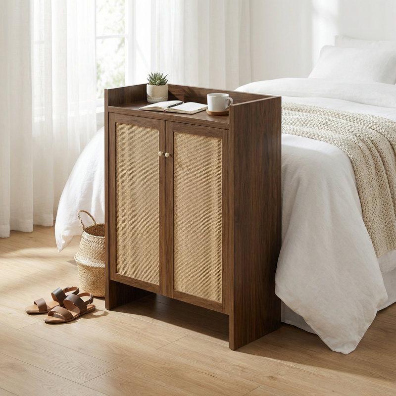 42.5 Inch Tall Rattan Shoe Storage Cabinet with Adjustable Shelves and Wooden Frame for Entryway and Hallway Organization