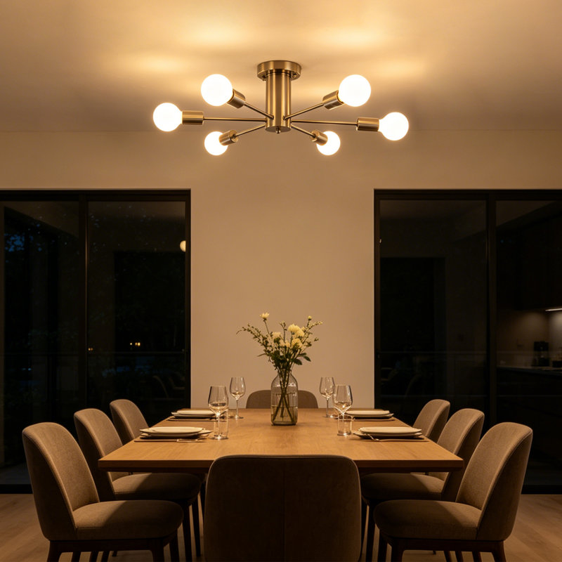 Theis 22in. 6 light Semi Flush Mount Sputnik Chandelier Modern Linear Kitchen Ceiling Mount Light, Satin Nickel