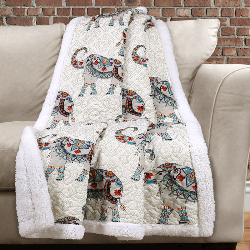 Colorful Bohemian Elephant Print Sherpa Throw Blanket