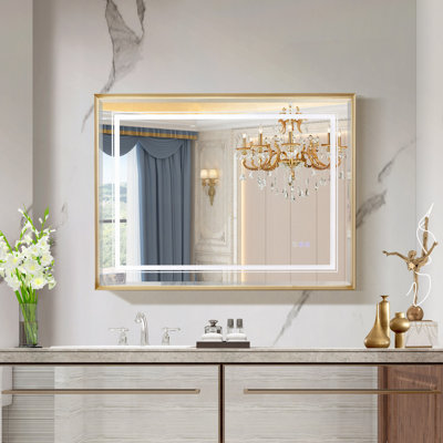 Miroir de salle de bain 40 * 30 "à DEL biseauté, 3000-6000K dégradé à l'avant et rétroéclairé à DEL pour la salle de bain, 3 couleurs à intensité variable, anti-buée amélioré IP54, miroir mural à plaques suspendues. (Miroir biseauté)