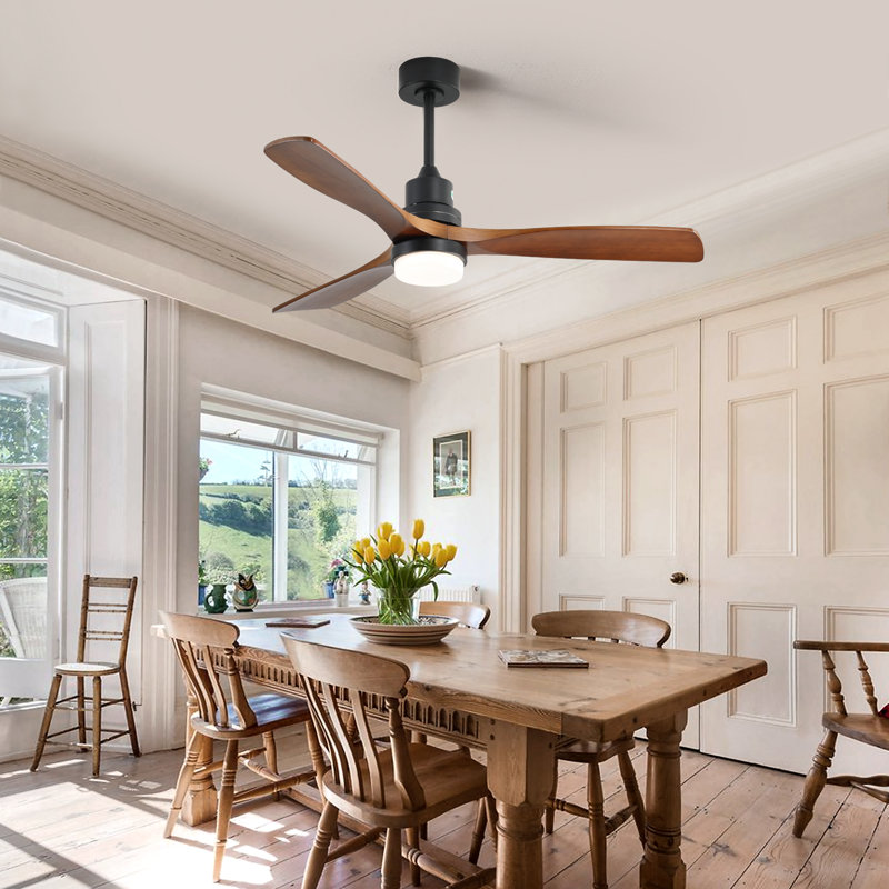 Kemp 52" 3 - Blade LED Modern Classic Ceiling Fan with Remote Control and Light Kit Included, Matte Black with Brown Blades