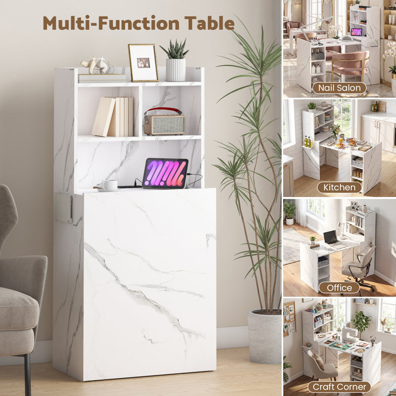 Bureau à clou mural avec grand rangement et station de charge intégrée, table pliante multifonctionnelle pour le salon, le bureau ou l'artisanat