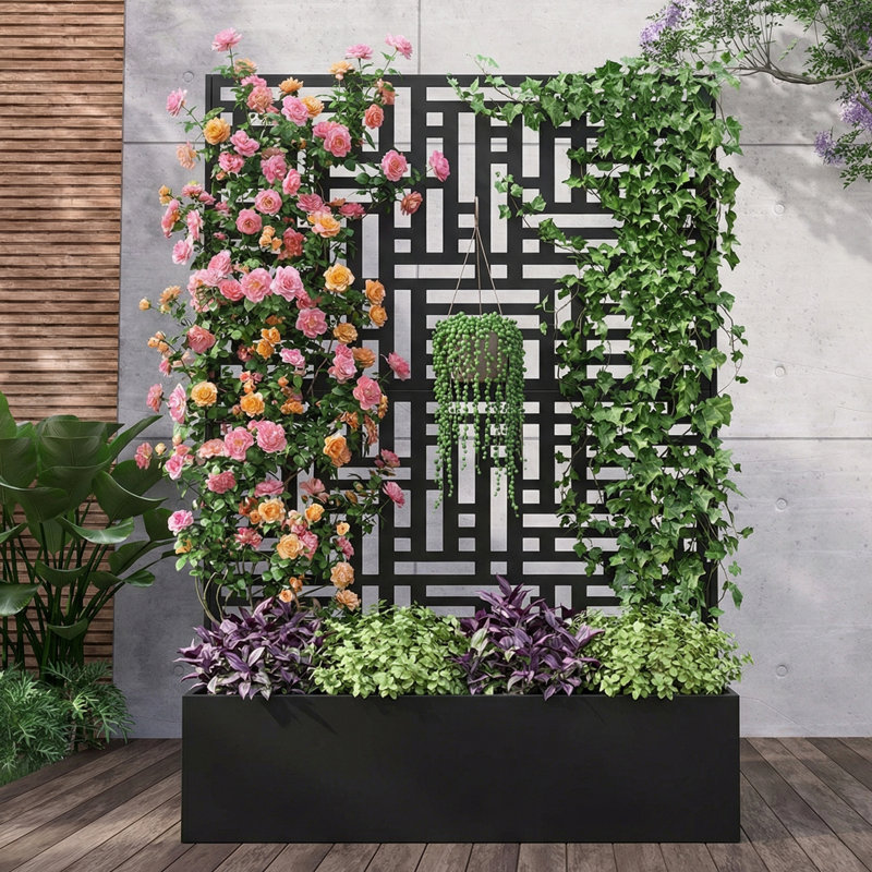 Boîte à fleurs en métal avec écran d'intimité en treillis, labyrinthe