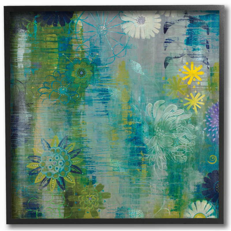 «Colorfield Daisies Cool Colors», impression sur toile tendue, H 12 po x l 12 po, Giclée encadrée noir minuit
