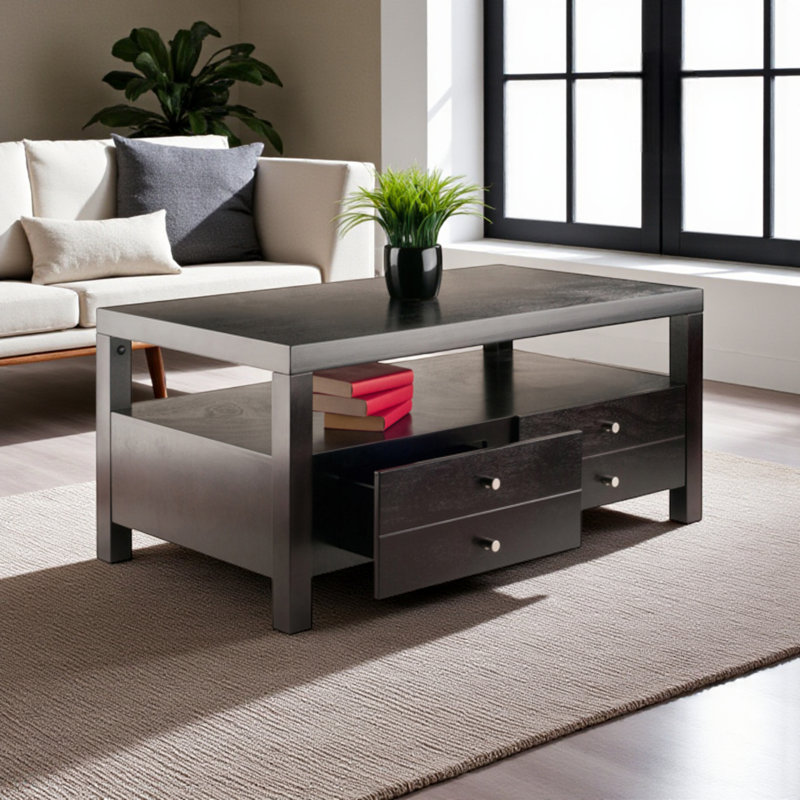 Table basse à 4 tiroirs avec tablette au fini espresso Danja, H 17,87 po x l 39,73 po x P 21,82 po