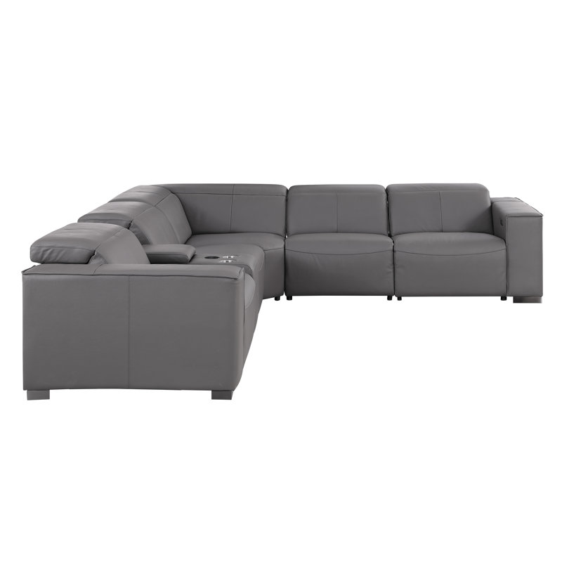 Luxurious Genuine Leather 6-Piece Sectional With 3 Power Reclining Seats & Power Headrest, Gray