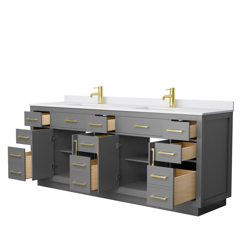 Meuble-lavabo double autoportant 84 po avec plateau Beckett TK, Gris foncé, Or brossé, Marbre de culture blanc