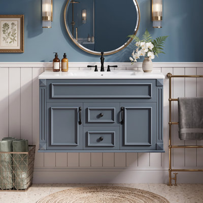 Armoire de salle de bain murale 36 po style français, meuble-lavabo simple en céramique avec tiroirs et charnières à fermeture douce