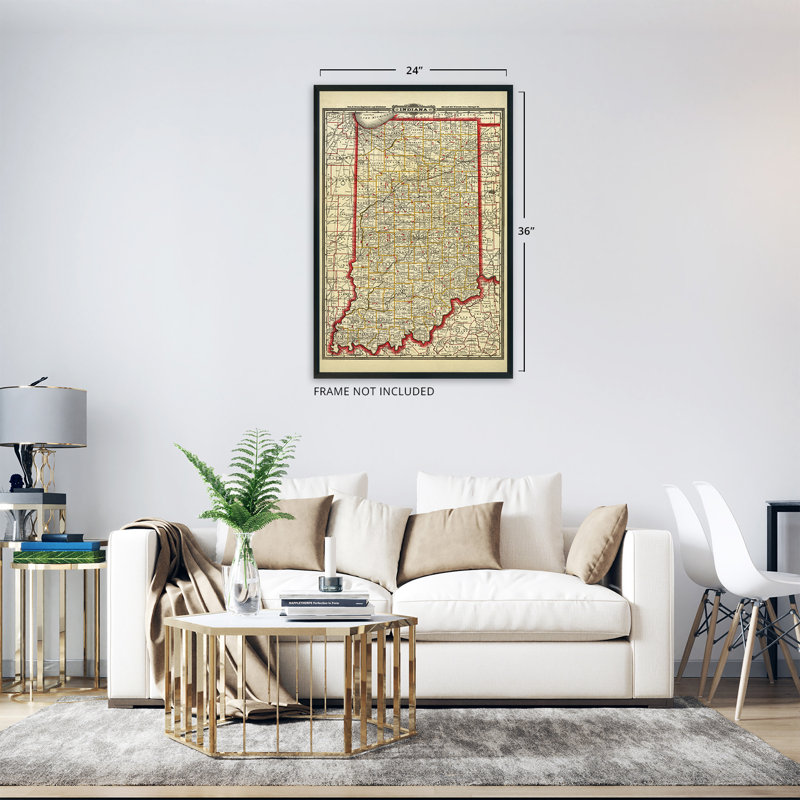 1888 Indiana Map, art mural sur papier, H 36 po x l 24 po x P 0,1 po