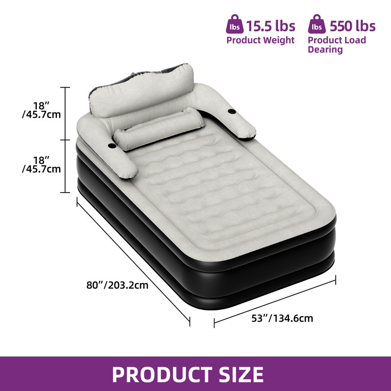 Matelas gonflable 18 po avec tête de lit Ivy Bronx, Double XL, Noir