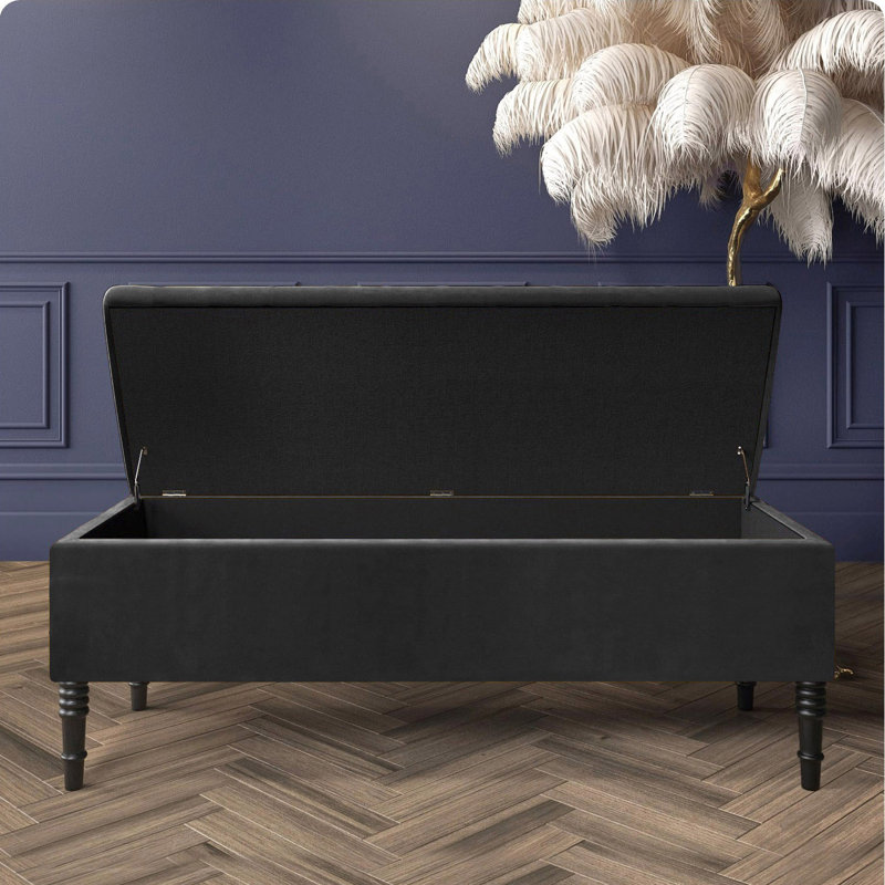 Paris Plain Ottoman Storage Bench - Plush Velvet Shoe Bench - Upholstered Footstool with Storage, Black Plush Velvet