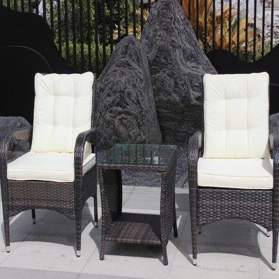 Outdoor Sectional 3 Piece: Chairs With Beige Back Cushions & Coffee Table - Modern Patio Seating Piece Furniture : Seat  Beige  + Glass Top