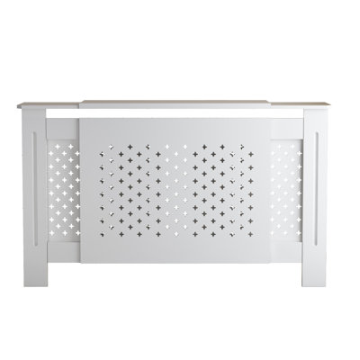 MDF Radiator Cover, 54-3/4" to 80"W × 7.8"D × 32.8"H, MDF with Water-Based Lacquer Finish, 1-Piece Set, Adjustable-Width Decorative Perforated Panel Heater Cabinet with Top Display Shelf, White