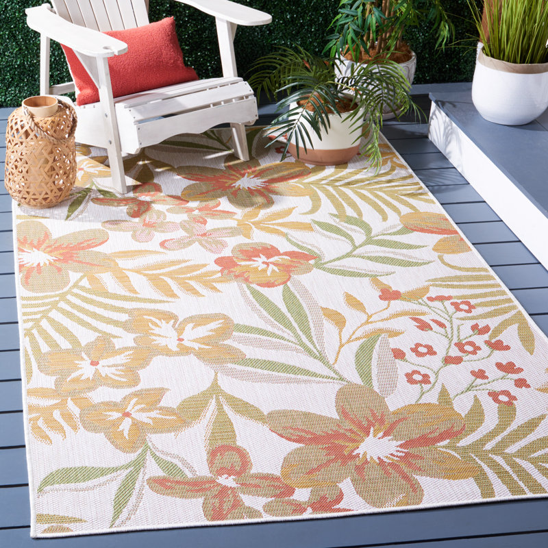 Aramantha Floral Power Loomed Indoor/Outdoor Area Rug in Beige/Green/Orange, Rectangle 8' x 10'