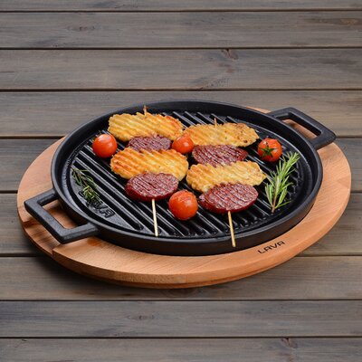 Lava Enameled Cast Iron BBQ Grill Pan 11 inch-Dual Side Round with Beechwood Service Plate -  LAVA CAST IRON, LV ECO GT 28 T25 K4