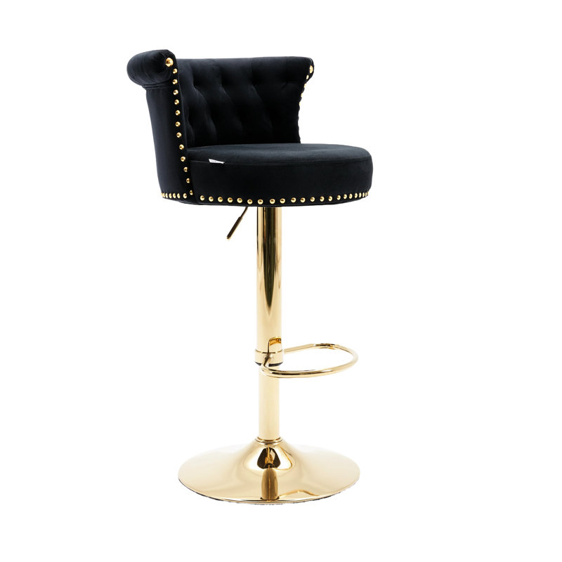 Chaise de bar en velours doux avec rotation à 360 °, hauteur réglable et coutures en losanges pour la cuisine Rivets dorés confortables, îlot de coussin en mousse haute densité Rotation