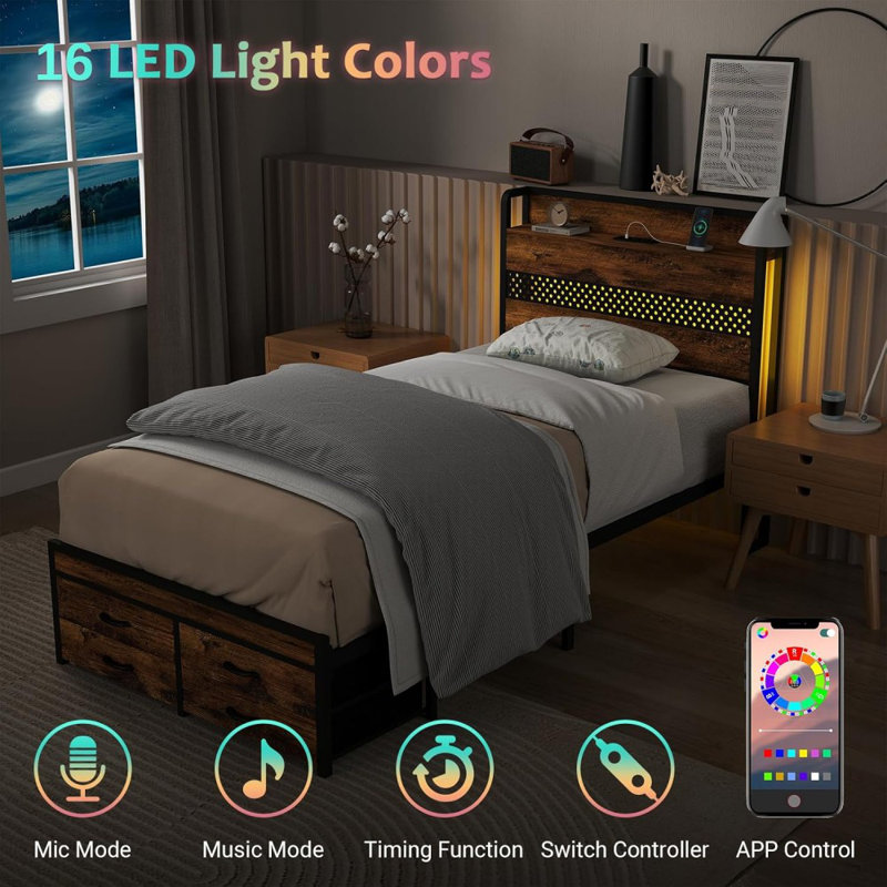 Cadre de lit simple brun avec tiroirs de rangement, tête de chargement USB et lumières à DEL RVB - panneau de fibres à densité moyenne aspect bois et lit plateforme en métal, aucun sommier nécessaire
