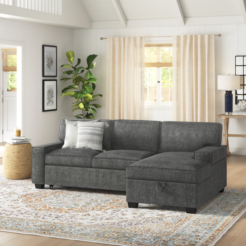 Yates 2 - Piece Upholstered Pull Out Sectional Sleeper Sofa With Storage Chaise, Gray Polyester