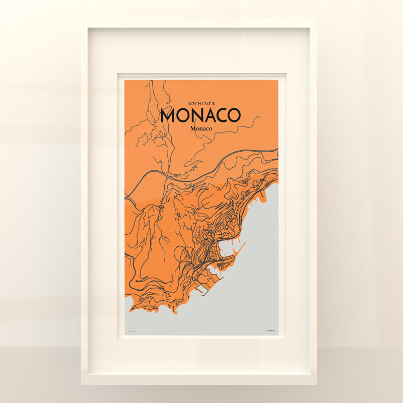 Monaco City Map In Orange - No Frame Print, 17cm H x 11cm W x 0.05cm D