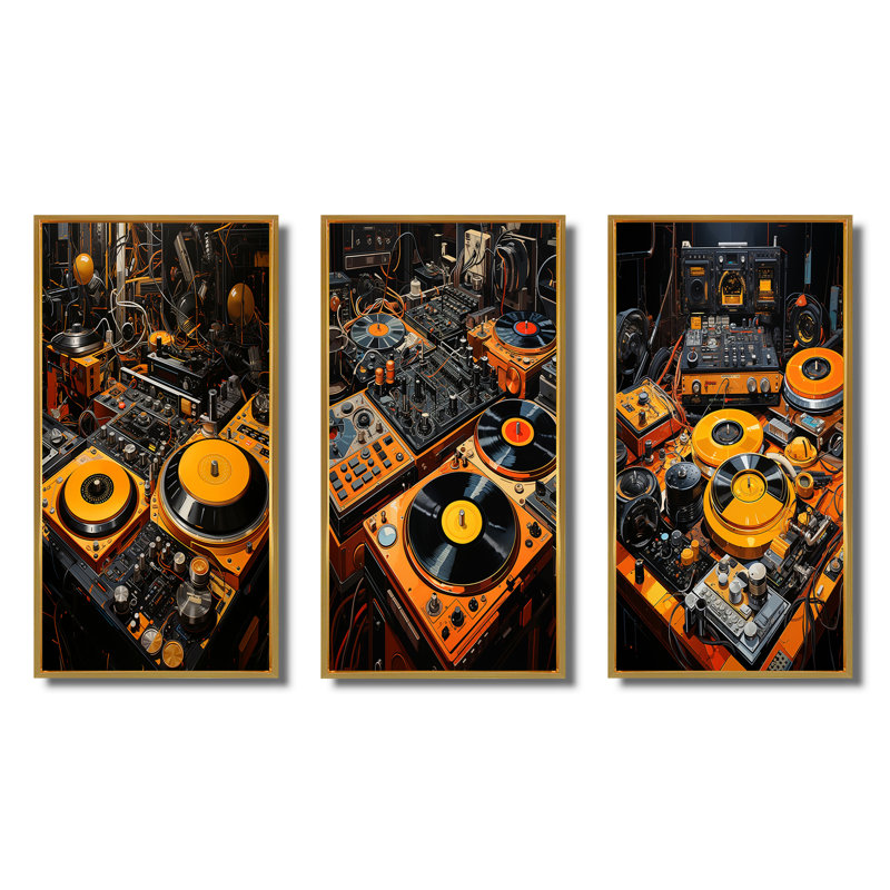 «Yellow Turntables Boom Boxes», 3 pièces sur toile, Encadrement doré, H 32 po x l 48 po