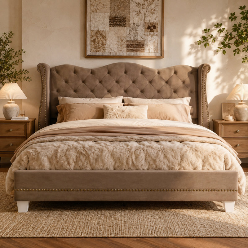 Lit plateforme King Size en velours capitonné avec tête de lit haute à oreilles, style campagne chic, orné de clous décoratifs dorés.