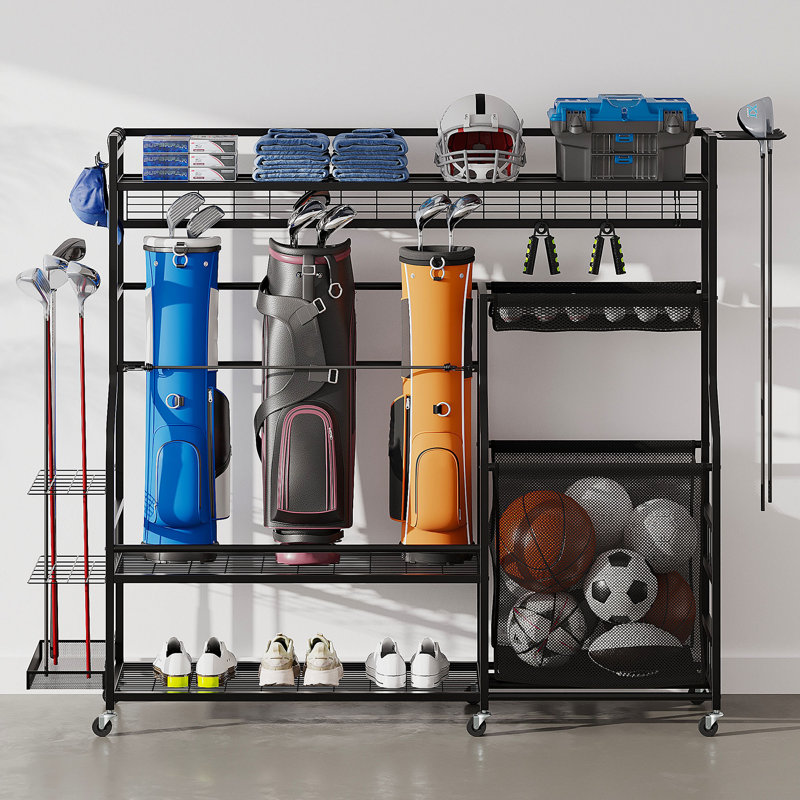 3 Golf Bags Storage Stand Sports Equipment Gear Accessories Rack Organizer With Wheels And Ball Organizer Bin For Garage